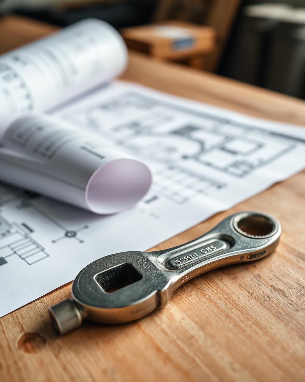 Architectural blueprints beside a polished metal pipe wrench on a workshop table